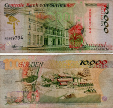 Suriname 10000 GULDEN P-144 1997 BIRD Flower Mining Rare World Currency NOTE Cir