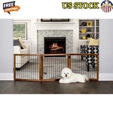 3-Panel Wooden Dog Gate W/ Pet Door Freestanding Cherry Finish Fits 22"-62" Wide