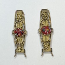 Vintage Pair of Metal Barrettes Hair Clips With Red Art Glass Cabochons