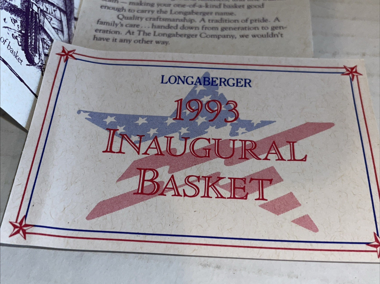 Longaberger 1993 INAUGURAL BASKET with Liner & Protector 
