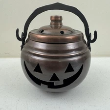 Hosley Copper Jack O Lantern Pumpkin Halloween Cauldron Pot with Handle & Lid