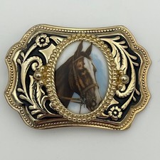 Vintage Western Cowboy Horse Head Portrait Belt Buckle Ornate Metal Equestrian