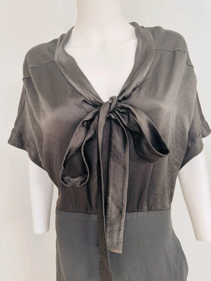 Rochas Pussy Bow Retro Dress Brown W Kelp Green Satin and Crepe Made Italy FR46 - Image 4 of 4