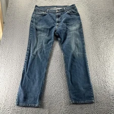 Wrangler Jeans Mens 38x30 Blue Dark Wash Cotton Relaxed Straight Denim Workwear