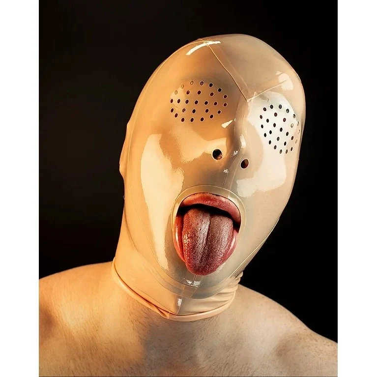 Latex gummi mask hood mesh eyes open nose mouth cosplay party hood