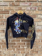 ED HARDY Cropped Dragon Zip Up Logo Hoodie Sweatshirt Black Size XS