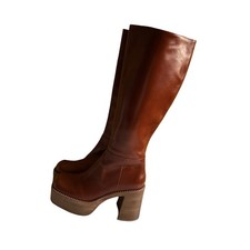 Women's Cognac Knee High Platform Boots Chunky Block Heel Size 8.5 Zip