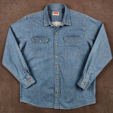 Wrangler Denim Shirt Mens Large Blue Long Sleeve Button Up Cotton Blend Stretch