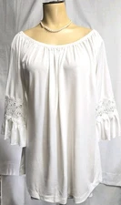 Win Win Top Blouse Tunic White Bell Sleeve Stretch Crochet Trim Ruffle Sz L XL