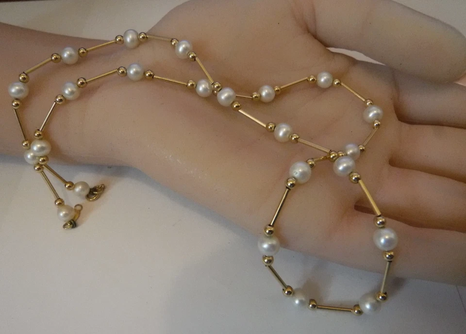 México 14 K (585) Oro Amarillo Perla Cultivada Tubular Barra Eslabón Collar 18" Foto 4 de 4