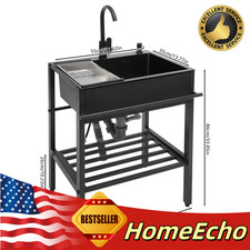 Freestanding Kitchen Sink Stainless Steel Sink w/ Faucet Water Inlet Pipes