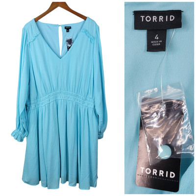 NEW Torrid Plus Size 4 Shirt Dress 4X Cinch Waist Light Blue Gauze Skater Mini