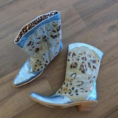 vintage Roberto cavalli blue metallic denim cheetah cowboy boots  eu 40