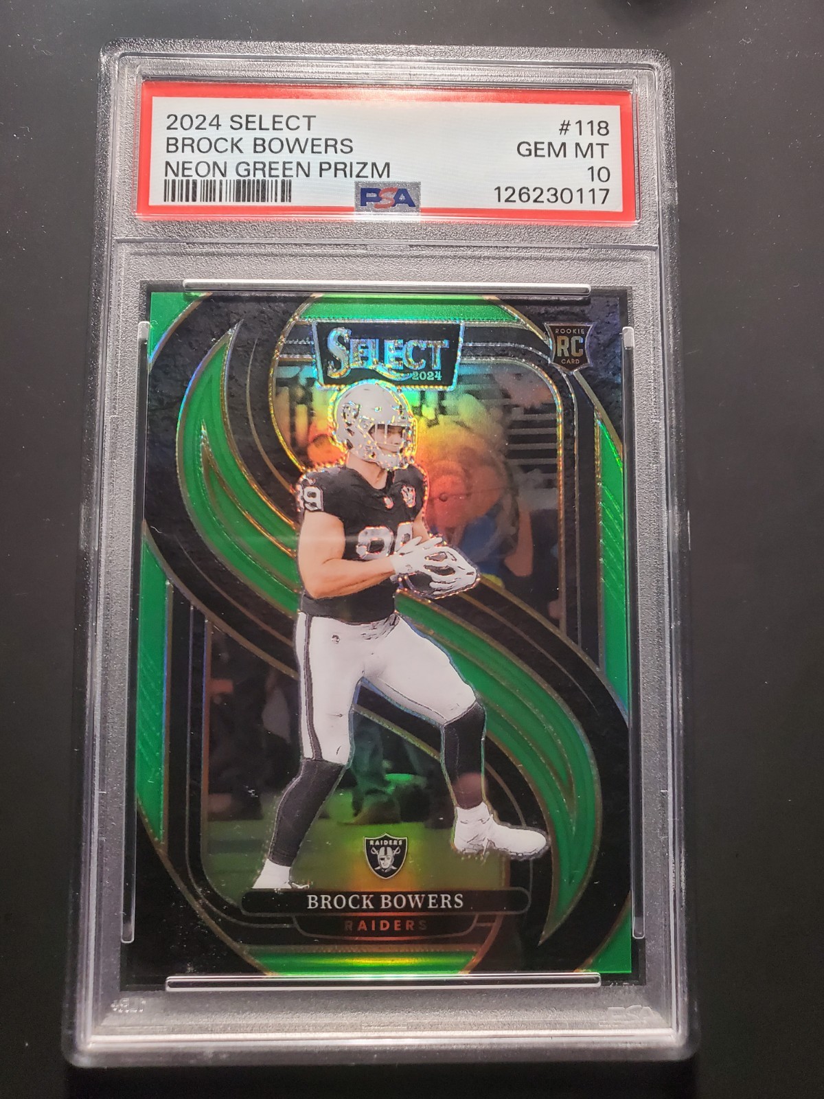 2024 Panini Select Brock Bowers Premier Neon Green Prizm /49 Raiders PSA 10 RC