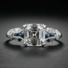 Art Deco Style 2.60 Ct Lab-Created Diamond  Blue Sapphire Ring Solid 925 Silver