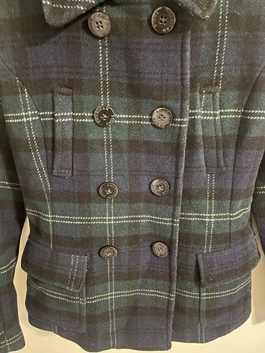 American Eagle Pea Coat Wool Blend Removable Hood Navy Blue Green Plaid Medium - Picture 5 of 9