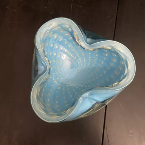 Vintage Alfredo Barbini Aventurine Bullicante Sky Blue Murano Glass Ashtray Bowl