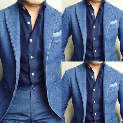 Blue Denim Men's Suits Fashion Party Formal Prom Business Men Blazers 2 Pcs