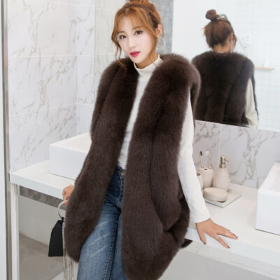 Women Casual Waistcoat Mid Long Sleeveless Faux Fox Fur