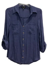 A. Byer Button Up Blouse Size L Blue Roll Tab Sleeves Pockets Crunch Pattern 18