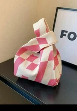 Knit Wristlet Or Handle Pouch Bag Purse Lightweight Foldable Red / White Squares