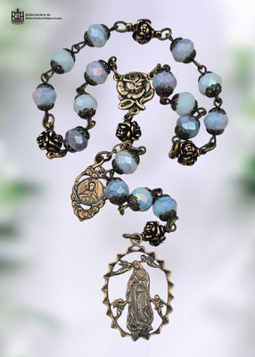 Lady of Guadalupe Devotional Bronze Heirloom Chaplet| 21 Beads |Blue Czech Glass