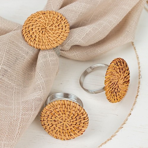 Natural 4 Metal 2" Woven Rattan Design Napkin Rings Party Events Decorations - Picture 4 of 9