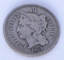 USA KM#95 Nickel 3 Cents 3c 1869 Coin