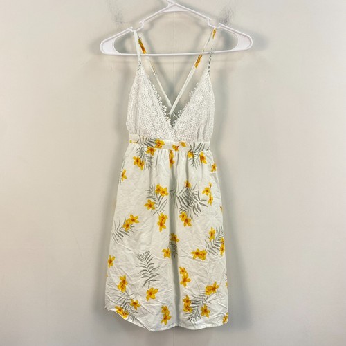 Rue 21 Womens XS Dress White Woven V Neck Sleeveless Mini Yellow Flowers 7359