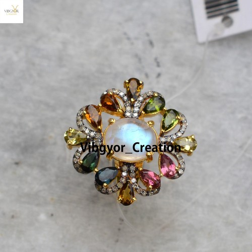 Multi Gemstone Pave Diamond Ring 925 Sterling Silver Handmade Fine Jewelry Gift - Picture 4 of 6