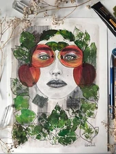 Female portrait with apples original illustration art painting