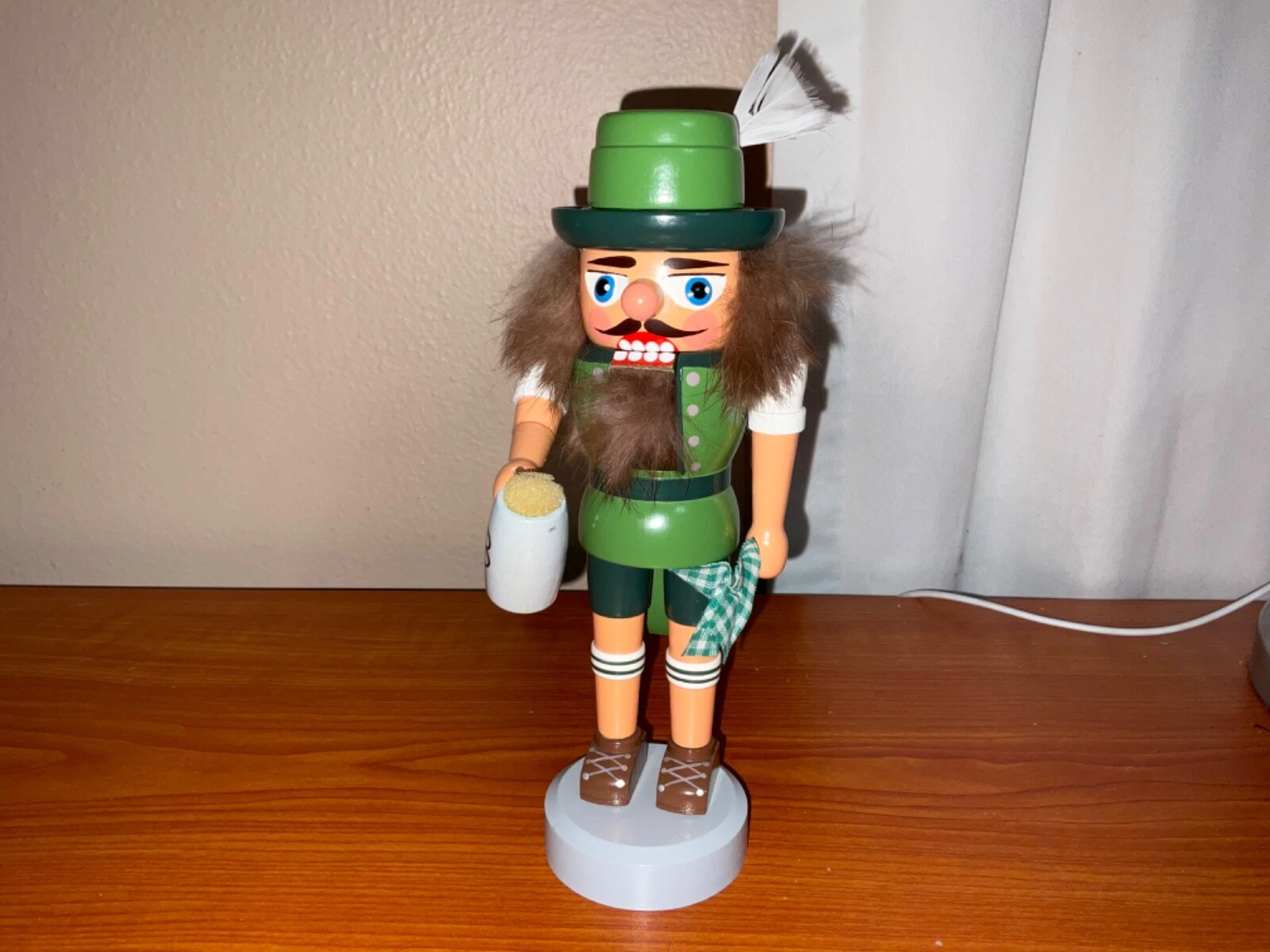 Original Erzgebirge Nutcracker Green & White with Beer Stein 8.5”
