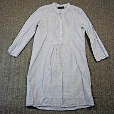 Tahari Linen Blend Pintuck Shift Dress XS Blue White Stripe Long Roll Tab Sleeve
