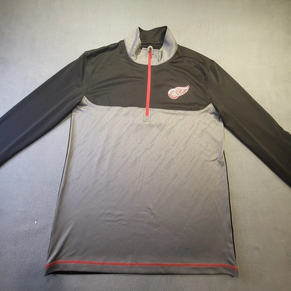 Camisa NHL Red Wings Para Hombres M Gris Negro Pullover Manga Larga Cuarto Cremallera Hockey Foto 2 de 4