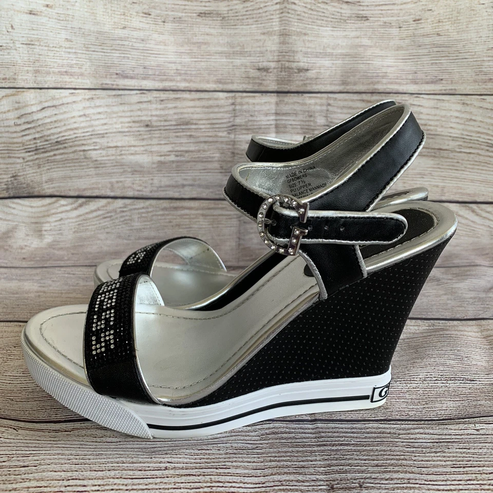 Guess Wedge 4.5” Heel - Black & white rhinestone Size 7.5 LOOK PICT CAREFULLY - Image 3 of 4