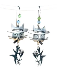 Vintage Cat Mouse w/ Cocktail Edgar Berebi Sterling Dangle Earrings  CatLadyCore