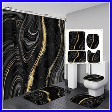 4 Pcs Black Marble Shower Curtain Sets with Rugs Gold Bathroom Sets with Show...