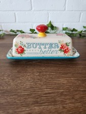 The Pioneer Woman Butter Dish Vintage Floral Stoneware Teal, Red, Ivory