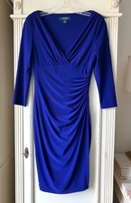 Lauren Ralph Lauren Sapphire Blue Side Ruched V Neck Knit Dress ¾ Sleeve 2P