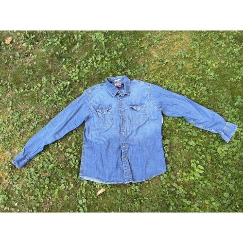 Vintage 90s Wrangler Pearl Snap Western Shirt Men's Large L Denim Indigo US Made