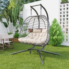 Double Hanging Egg Chair with Stand Patio Hammock Swing Chair with Cushion