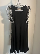 Loft Medium Black Sleeveless Swing Dress Black & White Shoulder Ruffle Size Med