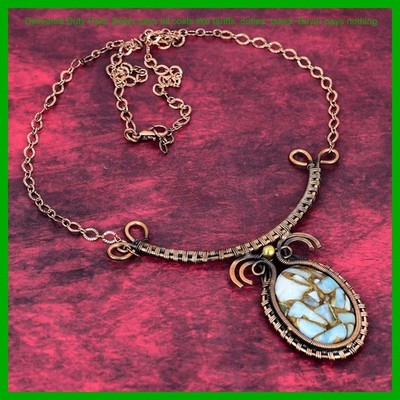 Copper Larimar Real Gemstone Necklace Copper Wire Wrap Adjustable Chain Necklace