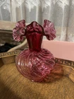 Vintage Fenton Glass Vase Pink Cranberry Spiral Optic Ruffled Top 6”