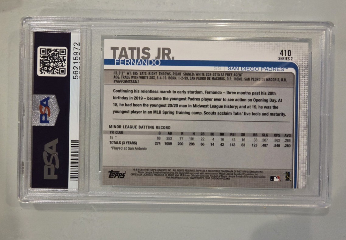 2019 Topps Fernando Tatis Jr. San Diego Padres RC Rookie #410 PSA 10 GEM MINT view 4