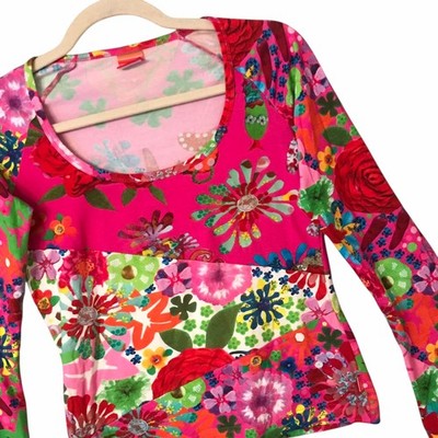 90 s Y2K Oilily Colorful Flare Sleeve Top Jersey Knit Hippie Retro Women s Sz S