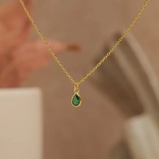 Pear Cut Lab Created Emerald - Dainty Necklace Women 14k Yellow Gold Plated