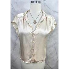 Vtg 70s You Babes Satin Button up Blouse S Cream Embroidery Collar Top Coquette