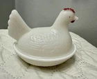 Vintage Indiana Glass Milk Glass Hen On Nest W/Red Comb 4 1/4in