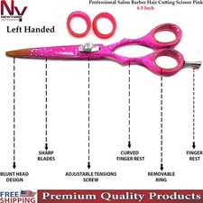 Left Hand Barber Hair Cutting Scissors Pink 6.5 Inch Stainless Steel Salon Tool